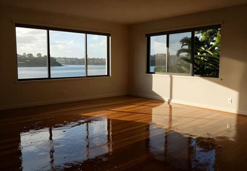 Flooded living room in a Manahan home before restoration